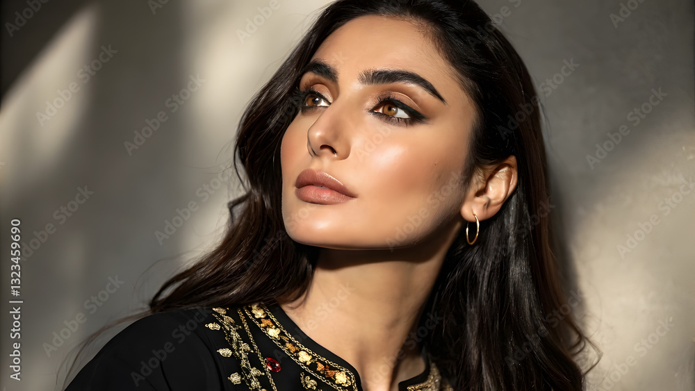 Elegant Middle Eastern Woman with Graceful Features. Luxury fashion campaigns, high-end beauty branding, cinematic portraits Elegant Middle Eastern Woman with Graceful Features. Luxury fashion campaigns, high-end beauty branding, cinematic portraits