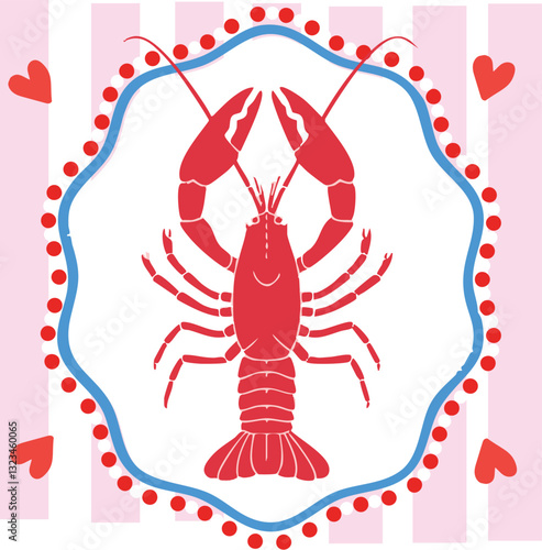 Lobster cute seafood Italia pink novelty conversational lobsters la dolce vita italy retro trending pyjama Graphic Vector Logo T-shirt Design emblem crest Fashion