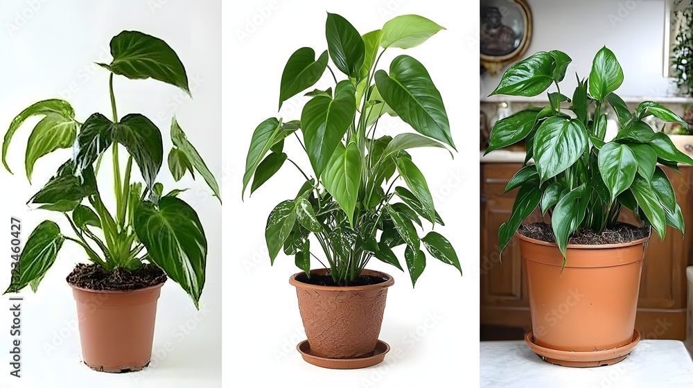 Three Distinctive Indoor Potted Plants with Lush Green Leaves in Various Pot Designs Three Distinctive Indoor Potted Plants with Lush Green Leaves in Various Pot Designs