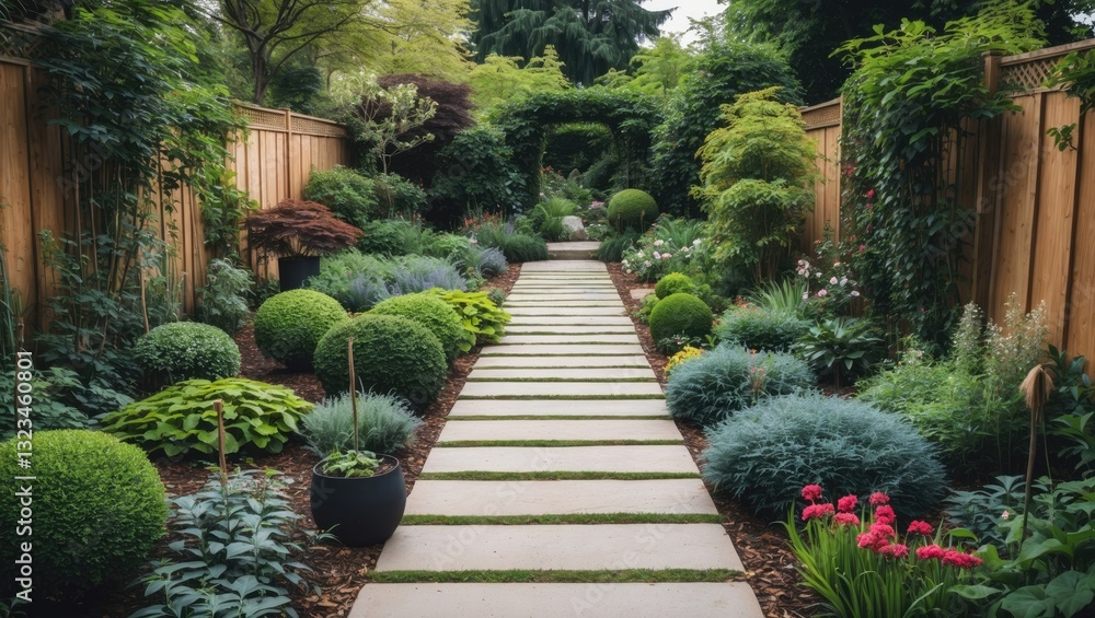 Lush garden pathway lined with rounded shrubs and vibrant flowers, featuring stone slabs in a green setting with wooden fencing on either side. Lush garden pathway lined with rounded shrubs and vibrant flowers, featuring stone slabs in a green setting with wooden fencing on either side.