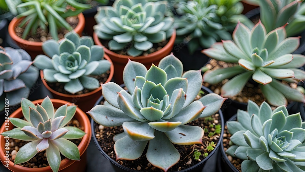 Fototapeta premium Assorted green succulents in terracotta pots arranged on a black surface showcasing different shapes and textures in a vibrant indoor garden setting.