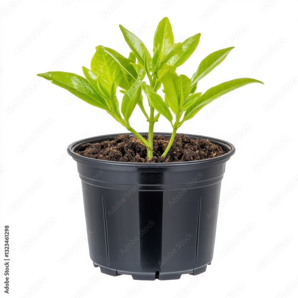 Vibrant green seedling in a small black plastic pot against a white background. The plant has bright, healthy leaves. Vibrant green seedling in a small black plastic pot against a white background. The plant has bright, healthy leaves.