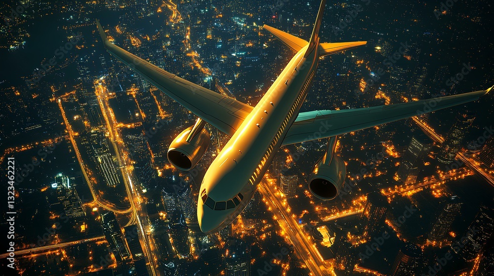 plane over night city in lights