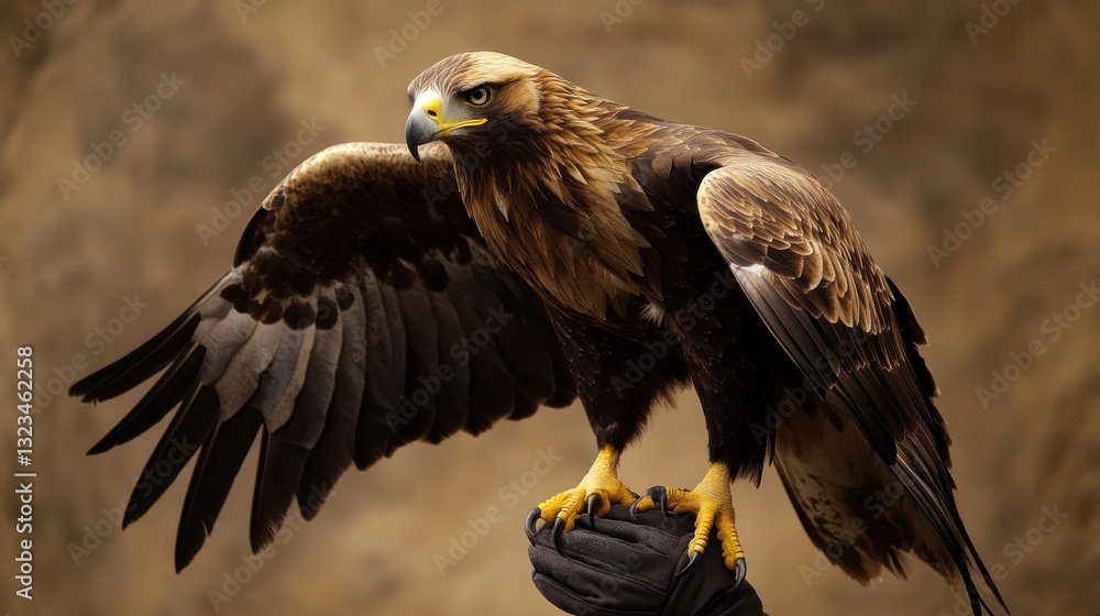 Fototapeta premium A majestic golden eagle with outstretched wings, gently perching on a woman's gloved hand