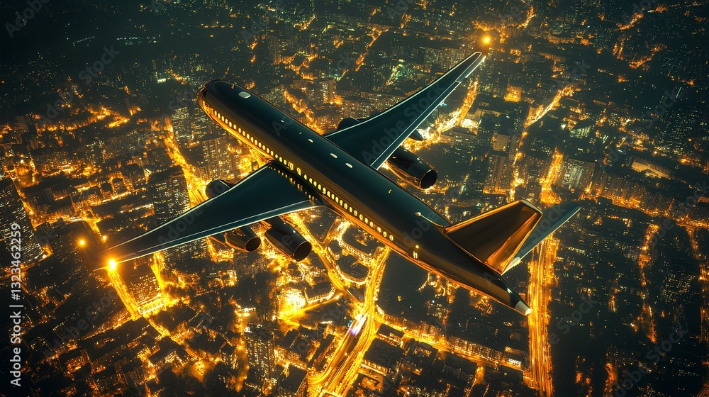 plane over night city in lights