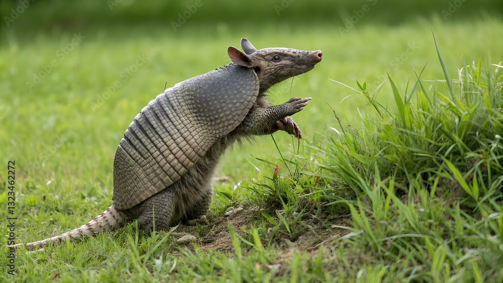 Wild nine-banded armadillo - Dasypus novemcinctus - or the nine banded, long nosed armadillo, is a medium sized mammal, sitting up with claws exposed, in green grass, curiously looking to its right