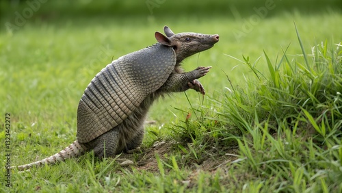Obraz na płótnie Wild nine-banded armadillo - Dasypus novemcinctus - or the nine banded, long nosed armadillo, is a medium sized mammal, sitting up with claws exposed, in green grass, curiously looking to its right w salonie
