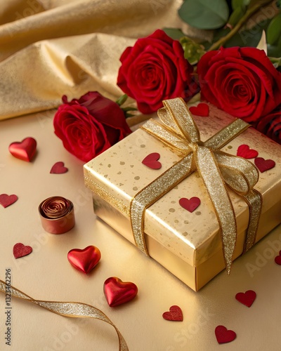 Valentine's day gold gifts, chocolates. Banner design with present box and hearts, red roses  on gold background