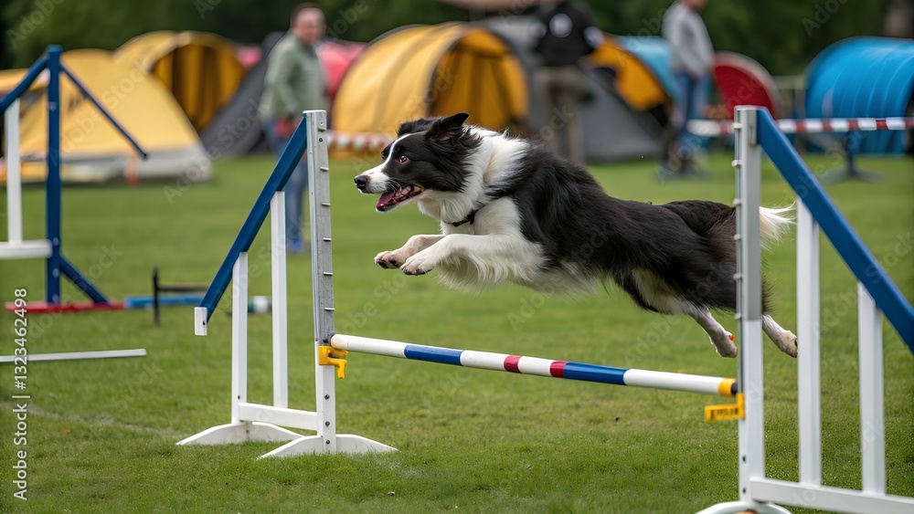 Border Collie dog - Canis lupus familiaris - a working sheep herding dog jumping over a hurdle while training for canine agility competition