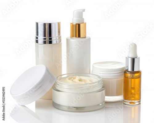 A collection of various skincare products, including creams and oils, presented in stylish containers.