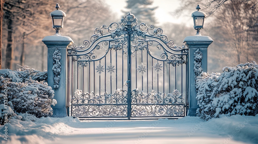 An ornate iron gate covered in frost, with intricate snowflakes clinging to its design