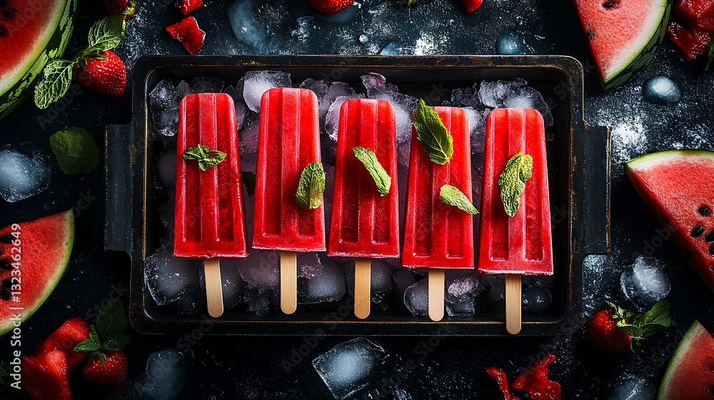 A tray of watermelon popsicles with chunks of fresh fruit visible inside, placed on crushed ice
