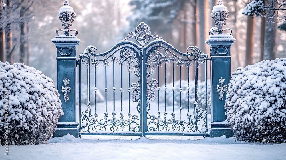 An ornate iron gate covered in frost, with intricate snowflakes clinging to its design