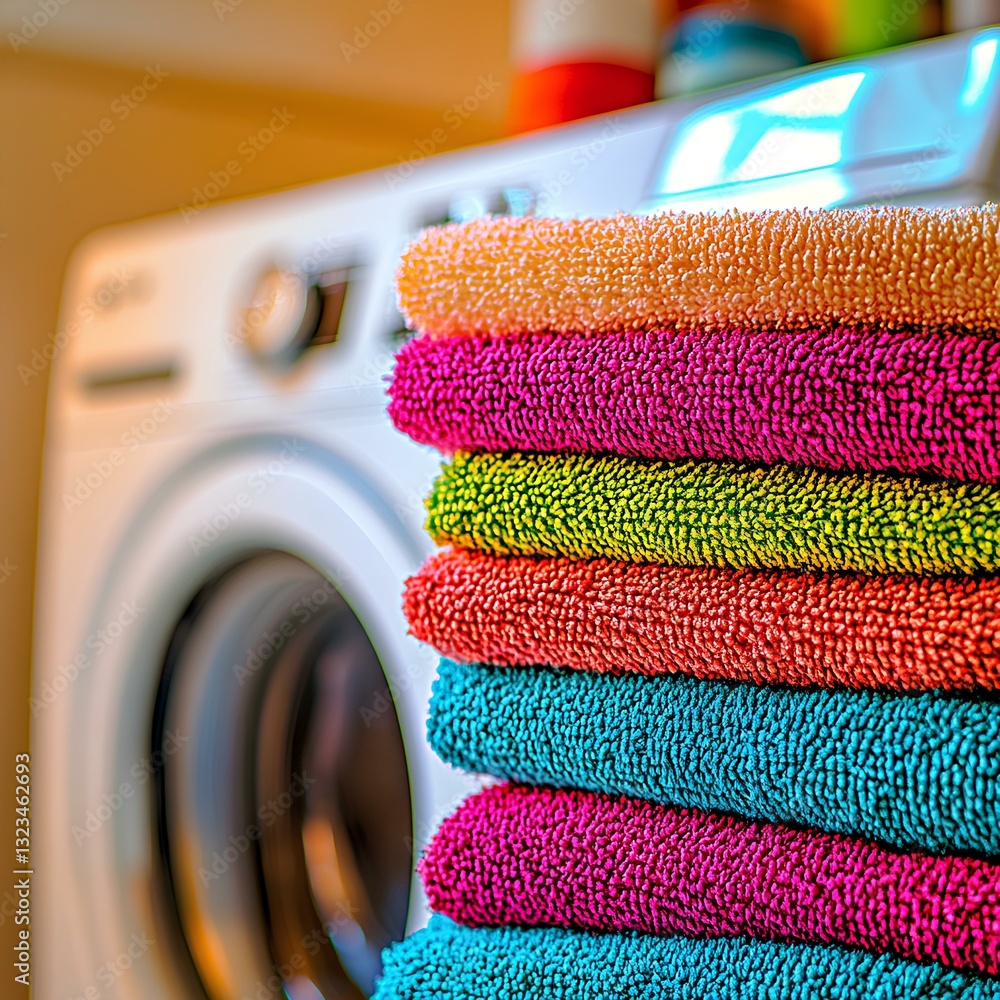 A pile of colorful next to the washing machine in bright colors, with a focus on laundry and home cleaning concepts. Blurred background