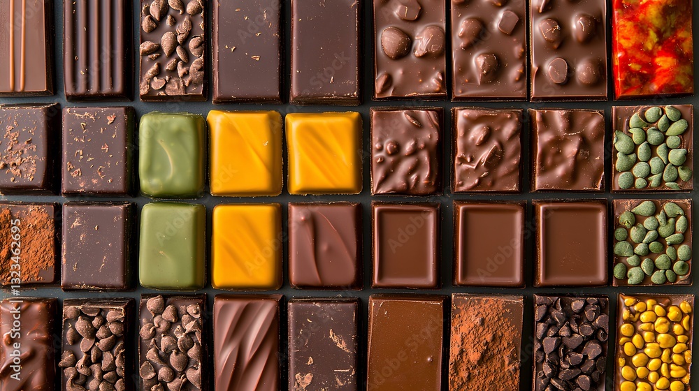 An assortment of chocolate bars arranged creatively with different flavors