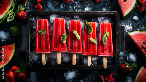 Obraz na płótnie A tray of watermelon popsicles with chunks of fresh fruit visible inside, placed on crushed ice w salonie