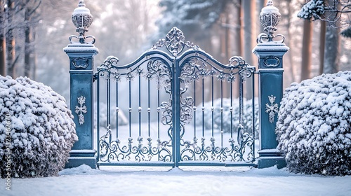 Obraz na płótnie An ornate iron gate covered in frost, with intricate snowflakes clinging to its design w salonie