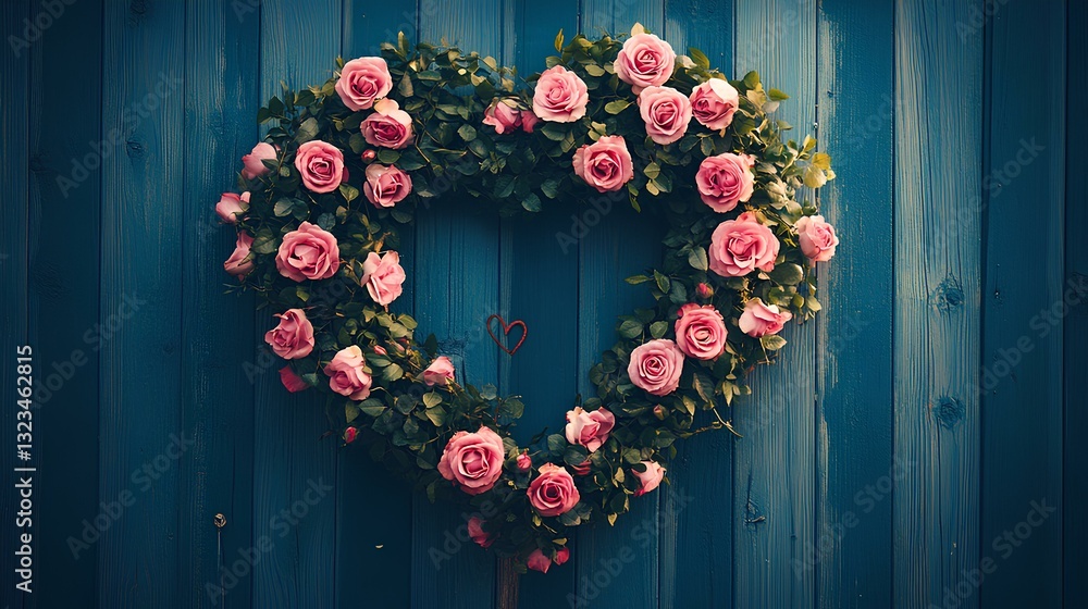 A heart-shaped wreath made of fresh roses and greenery, hanging on a rustic wooden door