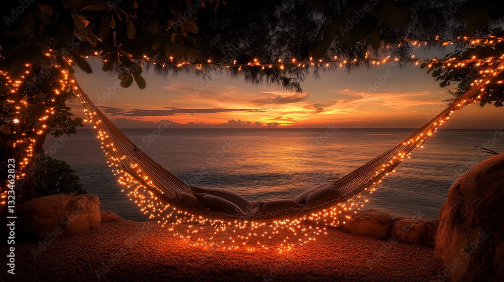 A hammock under glowing string lights with the ocean and a vivid sunset in the background