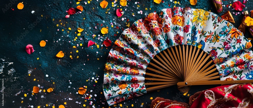 A decorative fan of Mexican blankets and hand-painted ceramic tiles, arranged on a table with festive confetti
