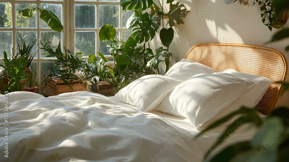 A cozy bed with white linens and tropical-themed pillows, overlooking a lush garden
