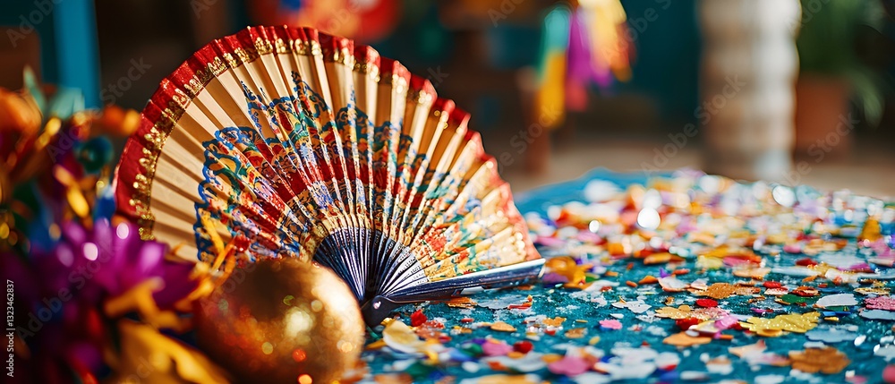 A decorative fan of Mexican blankets and hand-painted ceramic tiles, arranged on a table with festive confetti