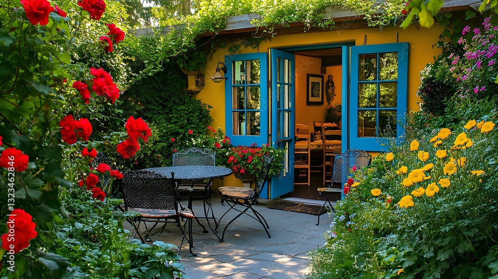 A hidden garden café with vines and flowers surrounding the outdoor seating