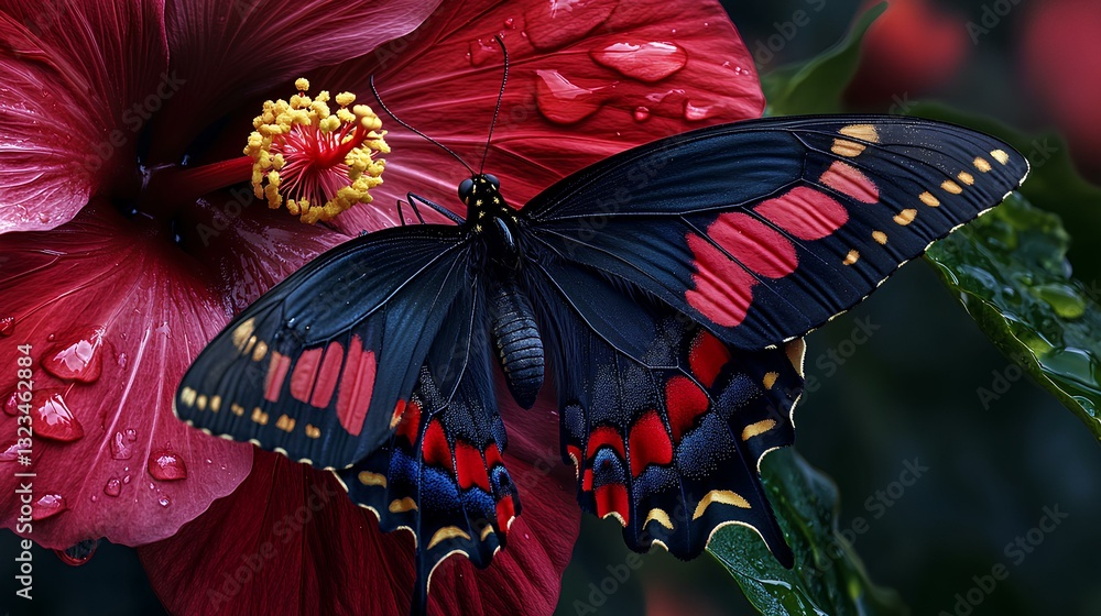 A butterfly resting on a hibiscus flower, with morning dew on the petals