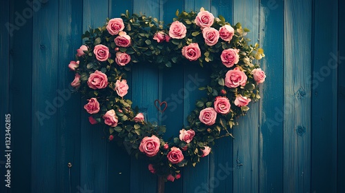 Obraz na płótnie A heart-shaped wreath made of fresh roses and greenery, hanging on a rustic wooden door w salonie