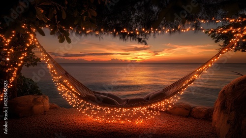 Obraz na płótnie A hammock under glowing string lights with the ocean and a vivid sunset in the background w salonie