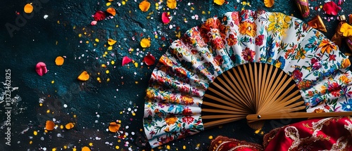 A decorative fan of Mexican blankets and hand-painted ceramic tiles, arranged on a table with  festive confetti 