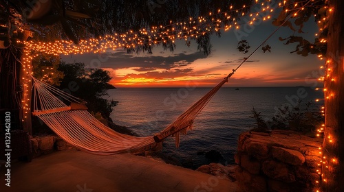 Obraz na płótnie A hammock under glowing string lights with the ocean and a vivid sunset in the background w salonie