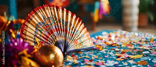 Obraz na płótnie A decorative fan of Mexican blankets and hand-painted ceramic tiles, arranged on a table with festive confetti w salonie