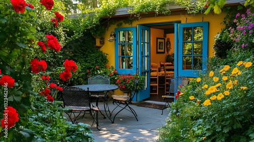 Obraz na płótnie A hidden garden café with vines and flowers surrounding the outdoor seating w salonie