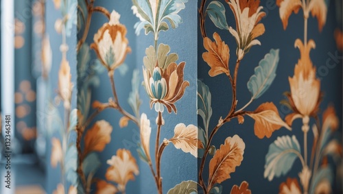 Wallpaper Mural Elegant close-up of vintage floral wallpaper in a contemporary room featuring rich blues and warm earthy tones with lush botanical details. Torontodigital.ca