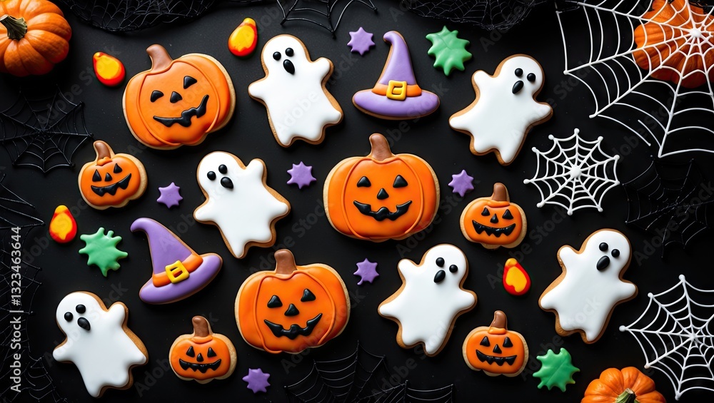 Fototapeta premium Colorful assortment of Halloween gingerbread cookies including orange pumpkins, white ghosts, purple witch hats and green bats on a black surface