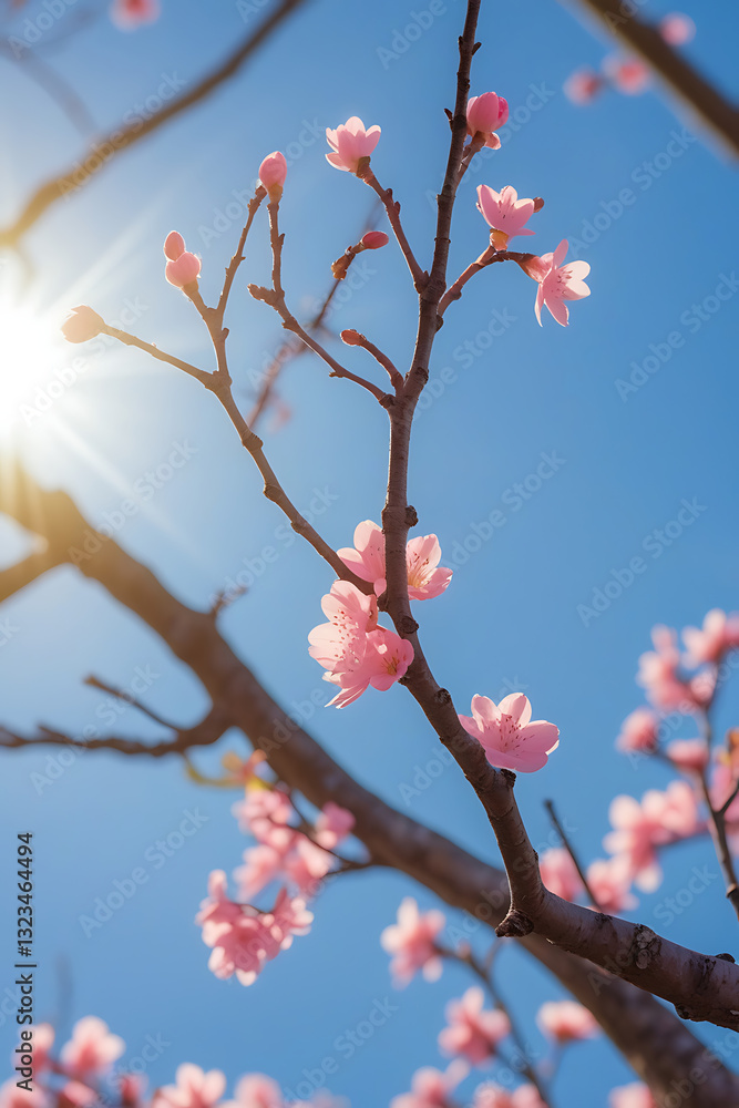 Sunlit Pink Cherry Blossoms Against a Bright Blue Sky: A Vibrant Springtime Scene Sunlit Pink Cherry Blossoms Against a Bright Blue Sky: A Vibrant Springtime Scene