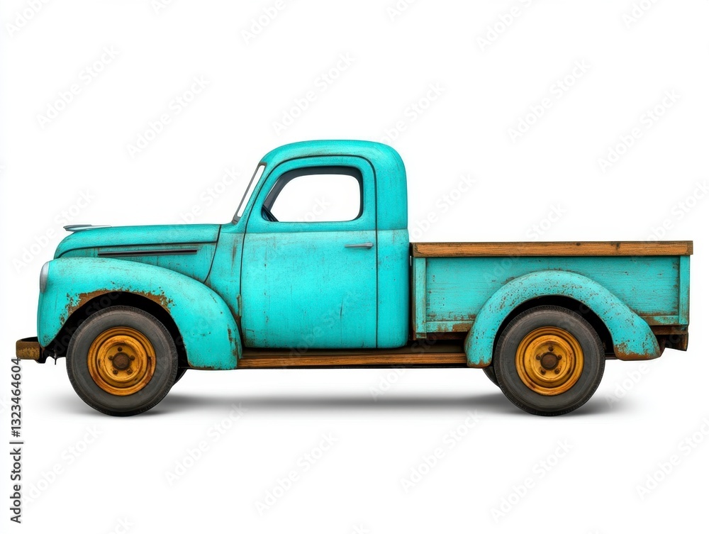 Fototapeta premium Vintage light blue rusty pickup truck with wooden bed, isolated on white background. Shows wear and tear, classic design.