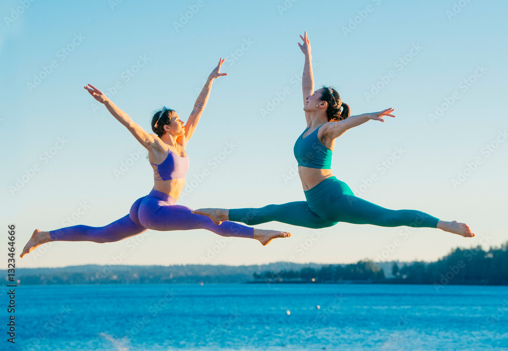Two women perform elegant leaps in dancewear against a scenic ocean backdrop. Bainbridge Island, WA, USA Two women perform elegant leaps in dancewear against a scenic ocean backdrop. Bainbridge Island, WA, USA