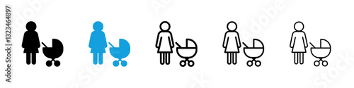 Woman with Baby Stroller icons vector set for web designs