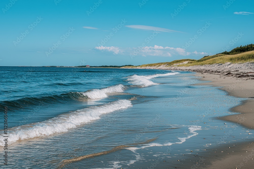 Serene beach with soft waves under clear blue skies. Serene beach with soft waves under clear blue skies.