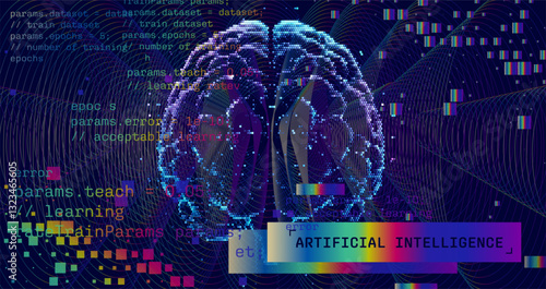 Vector illustration of digital brain formed by particles and lines symbolizes artificial intelligence, accompanied by coding text and abstract data elements highlighting AI's computational nature.
