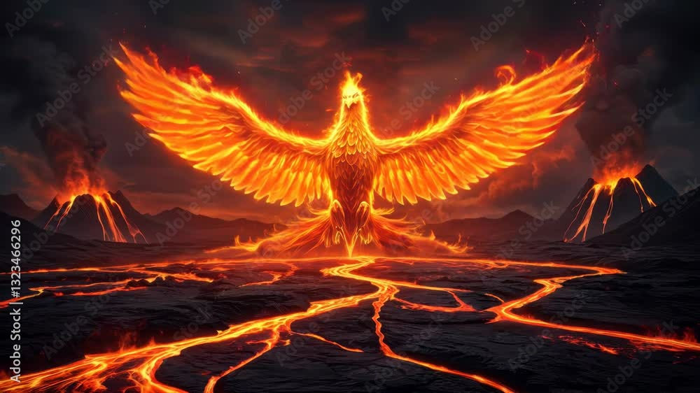 Majestic fiery Phoenix rising from molten lava in a volcanic landscape ...