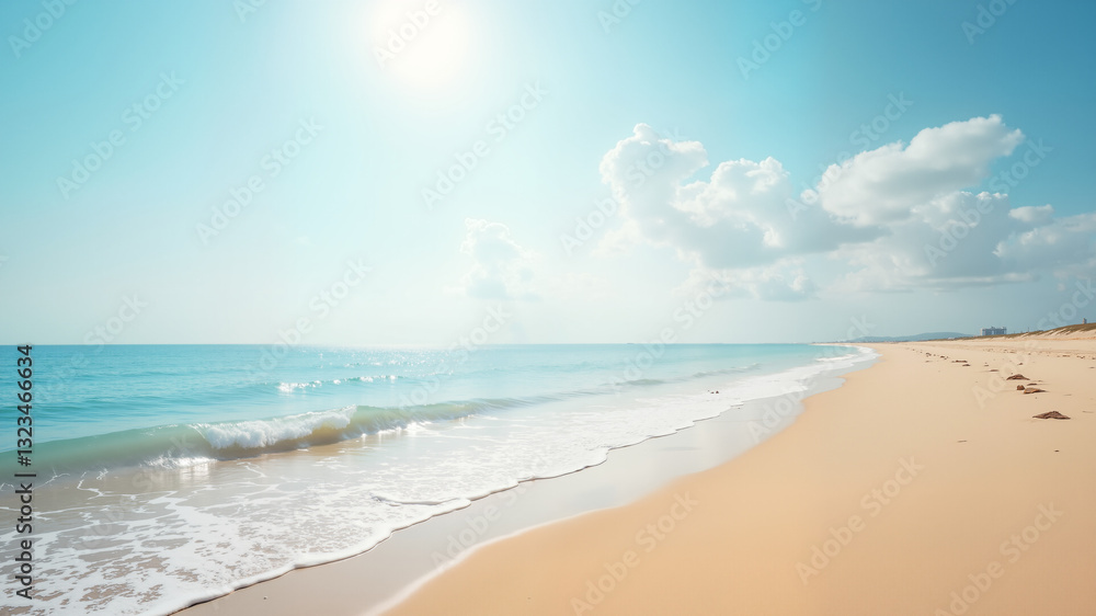 Fototapeta premium Tranquil beach scene with soft sand and gentle waves