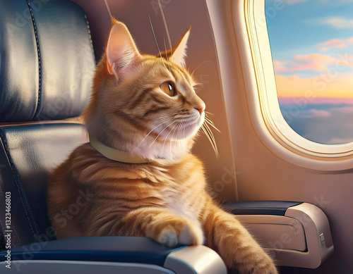 Cat on airplane seat looking out window Pet-friendly travel Companion