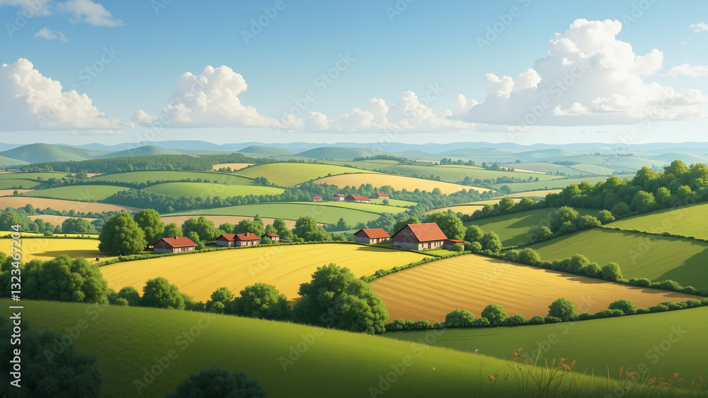 Obraz premium Picturesque rural landscape with rolling hills and farmhouses.