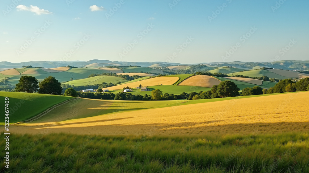 Fototapeta premium Picturesque rural landscape with rolling hills and farmhouses.