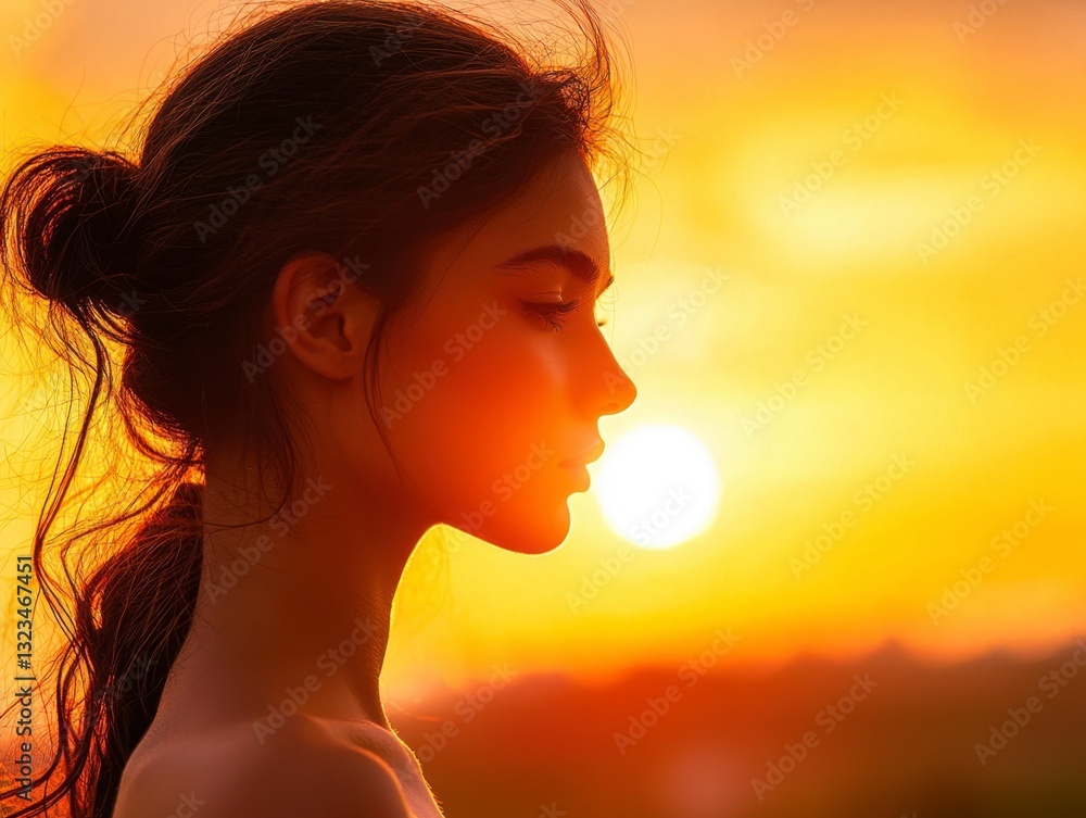 Bathed in the amber glow of the setting sun, a woman stands silhouetted against the horizon, her form a delicate dance of light and shadow The air is thick with the promise of twilight, a tranquil Bathed in the amber glow of the setting sun, a woman stands silhouetted against the horizon, her form a delicate dance of light and shadow The air is thick with the promise of twilight, a tranquil