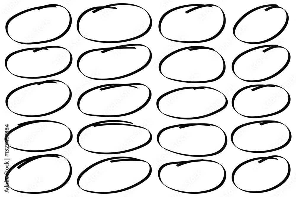 Set of doodle ellipses. Scribble ovals, bubbles to circle and highlight text. Marker scratch scribble. Round scrawl frames. Vector illustration of freehand painted circular note Set of doodle ellipses. Scribble ovals, bubbles to circle and highlight text. Marker scratch scribble. Round scrawl frames. Vector illustration of freehand painted circular note