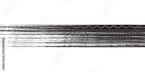 Grunge tire track, wheel braking marks. Truck, car or motorcycle tread pattern silhouette. Auto race, motorsport, speed racing design element. Vector illustration.